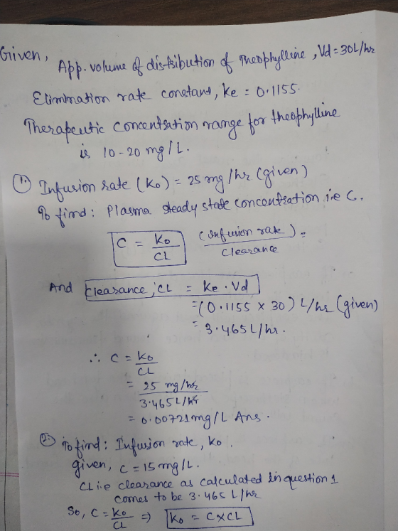 v er App. volume of distribution of Theophyllene , Vd -301/hx Elimination rate constant, Ke : 0.1155. Therapeutic concentrati