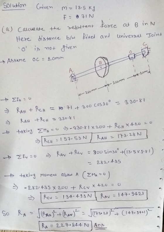 Solution Given m= 13.5 kg F = @ ZIN (a) Calculate the resultant force at B in Here distance b/w fixed and universal Joint o i