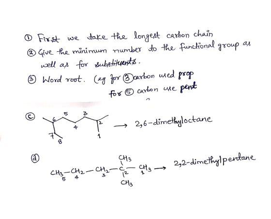 ① First we take the longest carbon chain @ Give the minimum number to the functional group as well as for substituents. ③ Wor