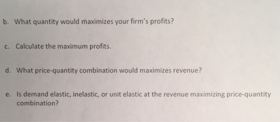 b. What quantity would maximizes your firms profits? c. Calculate the maximum profits d. What price-quantity combination wou