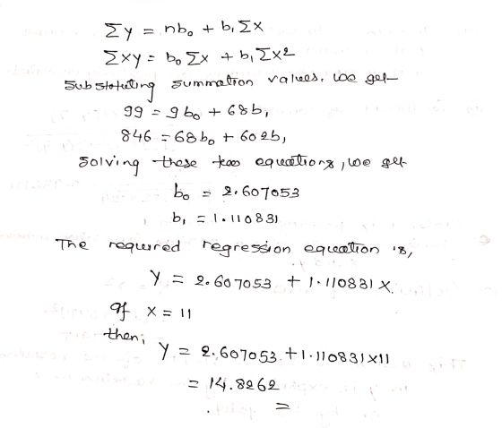 Ey = nbe + b, Ex Sxy= bo Ex tb, Ixe summation rales, lo gel- Sub stoteeting 3 99 - abo +68b, 846 = 68 bo + 6025, solving thes