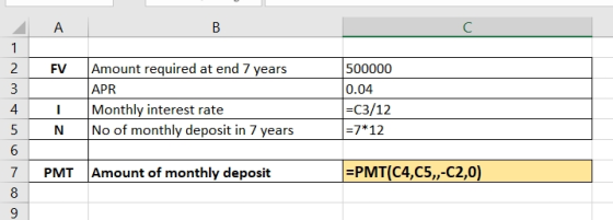 A В. FV 3 Amount required at end 7 years APR Monthly interest rate No of monthly deposit in 7 years 500000 0.04 =C3/12 =7*12