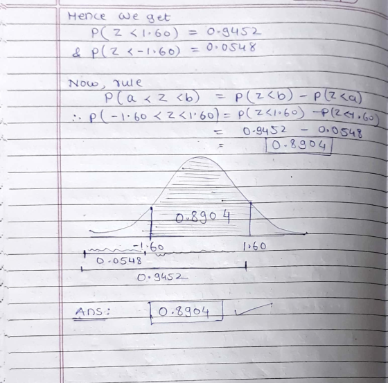 Hence awe get PZ <I.60) & p(z-160) = 0-9452 = 00S48 Now Tule PCa<z <b) P Z<6)-PZ <a) p-1-60z<I60)= P(z160-P(2G 60) O,O548 0-