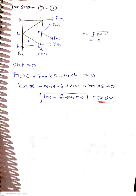 for section J Ic Ful 8=532442 > mc - FBC S TUEN SNA=0 FJ1X6 + FreXS +1484 -14.676 +14x4 + Fucs=0 - Fruc = 6.404 kW Tension CS