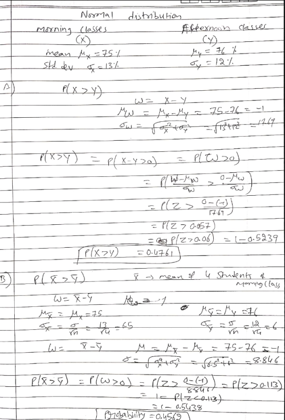 distribution Normal classes Morning Alpexnown a fternoon classes (X2 My=76 % Jy = 12 mean My=751 std dev = 13% - P( XY) - w=