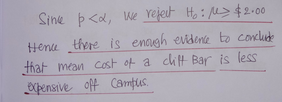 Since p <a, We reject Hoiles $2.00 Hence there is enor lough evidence to conclude that mean cost of a cliff Bar is less expen