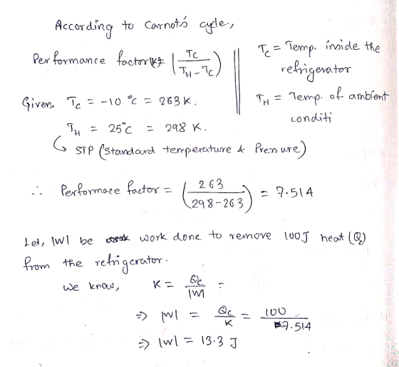 According to Carnots cycle, Performance fontorna i Tc ll Performance factor ket lood) | Te = Temp. inside the refrigerator G