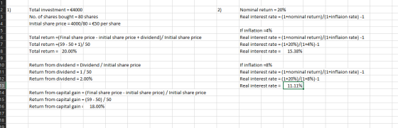 2 1) 2) Total investment = €4000 No. of shares bought = 80 shares Initial share price = 4000/80 = €50 per share Nominal retur