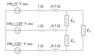 100/0° Vrms 1Ω j0.5 Ω -- ΖΑ 100/-120° Vrms 1Ω j0.5Ω ΖΑ ZA 100/120° V rms 1Ω j0.5 Ω