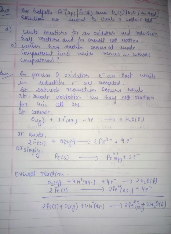Page lu The halpells festa. I feca) and 0₂ (9)/120 l in aced) solution are linked to create a voltaic cell. - uute equations