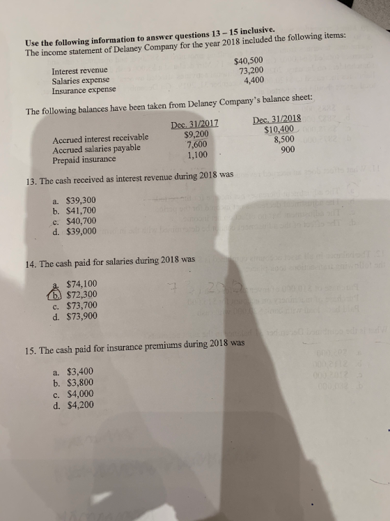 Use the following information to answer questions 13 - 15 inclusive. The income statement of Delaney Company for the year 201