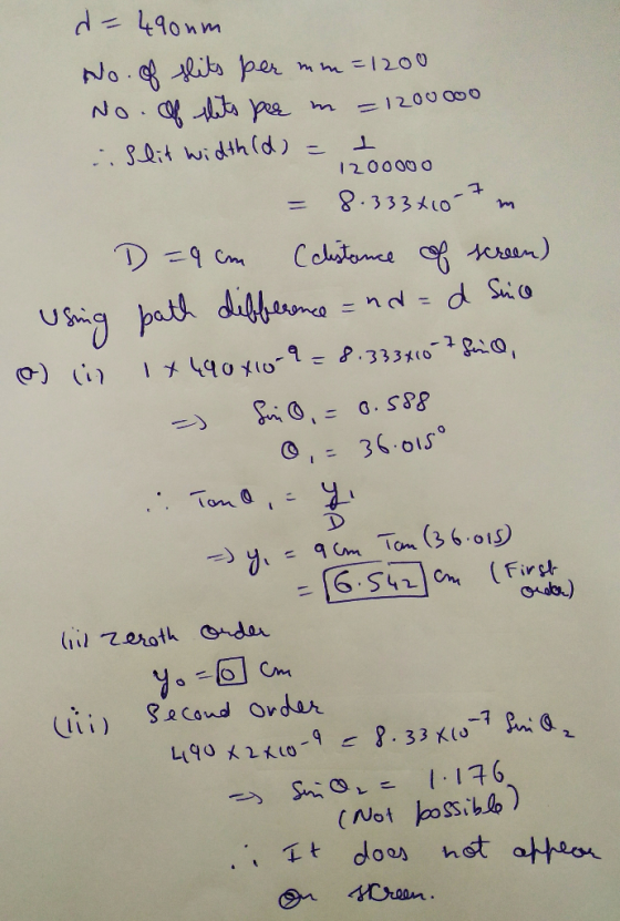 d=490um No. of slits per No. Of slits per m mh=1200 = 1200000 Slit widthld) - 1200000 = 8.333x10-7 (chistance of screen) D =9