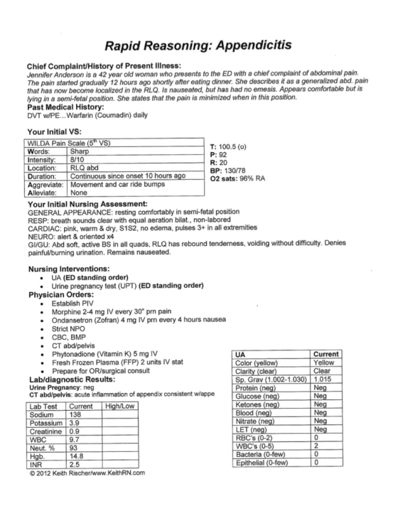 Rapid Reasoning: Appendicitis Chief Complaint/History of Present Illness: Jennifer Anderson is a 42 year old woman who presen