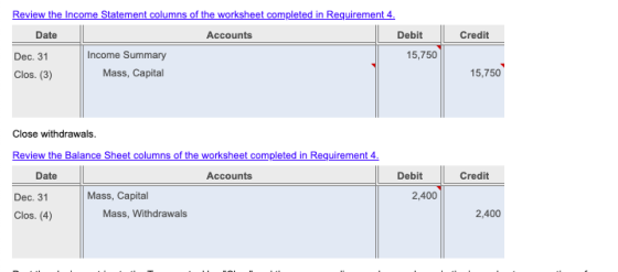 Credit Review the Income Statement columns of the worksheet completed in Requirement 4. Date Accounts Debit Dec. 31 Income Su