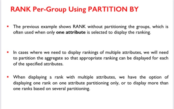 RANK Per-Group Using PARTITION BY The previous example shows RANK without partitioning the groups, which is often used when o