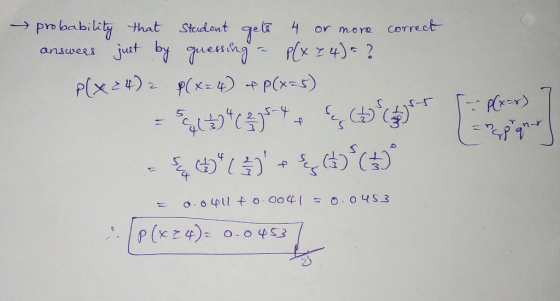 Steudont ge 4 or more pro bability that correct jut by uej answees Plx)PCK 4) PCxs) o.O4S3 O.64pl O 00 P(xz4) O-O453