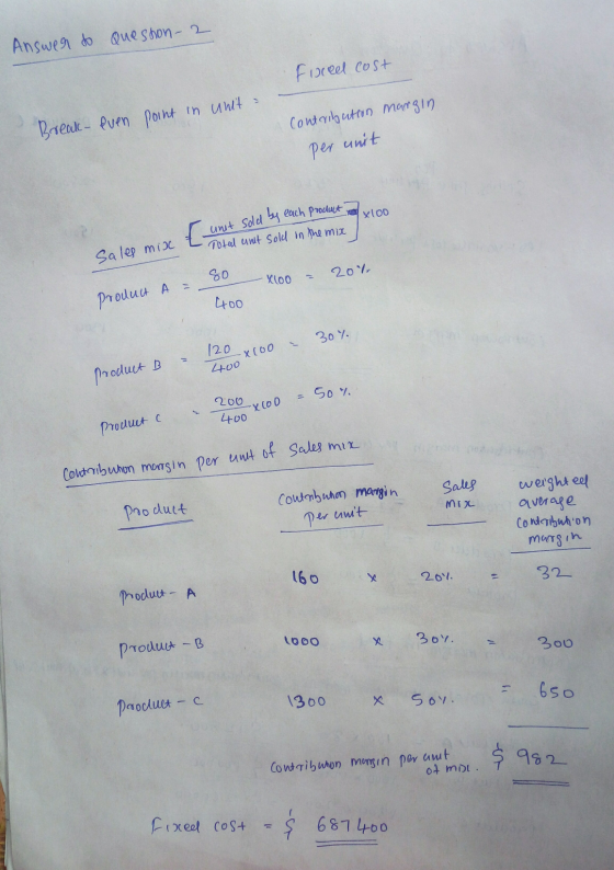 Answer do Queshon-2 Fixed cost Break-even point in unit- contribution margin per unit axloo Total unit sold in the mix sales