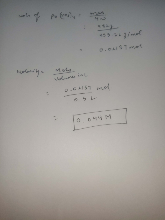 roles of Po Nosly mass 9828 455.22 g/mol = 0.02157 mol Molarity Moly Volume in 0.02157 1 0.5L 0.044 M