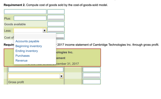 Requirement 2. Compute cost of goods sold by the cost-of-goods-sold model. Plus: Goods available Less: - 2017 income statemen