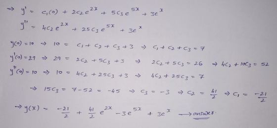 y = c(0) + 222 e 2x + 563e5x + 30% 2x 5 . 4cae & 25 Cze & 3ex (0) = 10 - 10 = ct C2 C3 +3 + C2 + c3 = 7 y (0) = 29 29 = 262