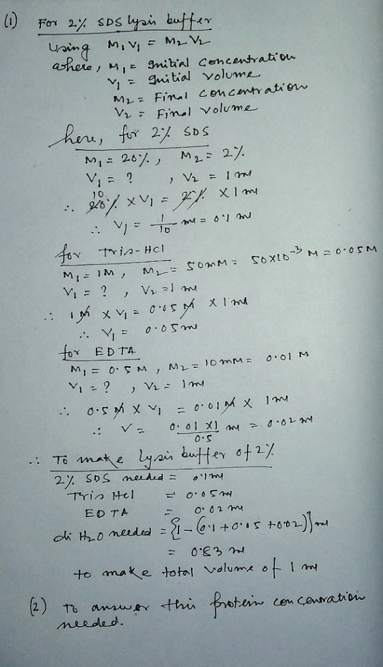 (1) For dis sps lysis buffer using mv = M₂. Ve where, on, a nitial concentration V = quitial volume M2 = Final concentration