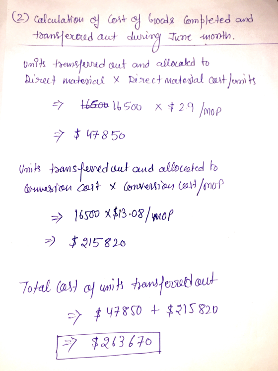 2) calculation of cost of Goods Completed and Hoansferored out during Tune month. Units trefferred out and allocated to direc