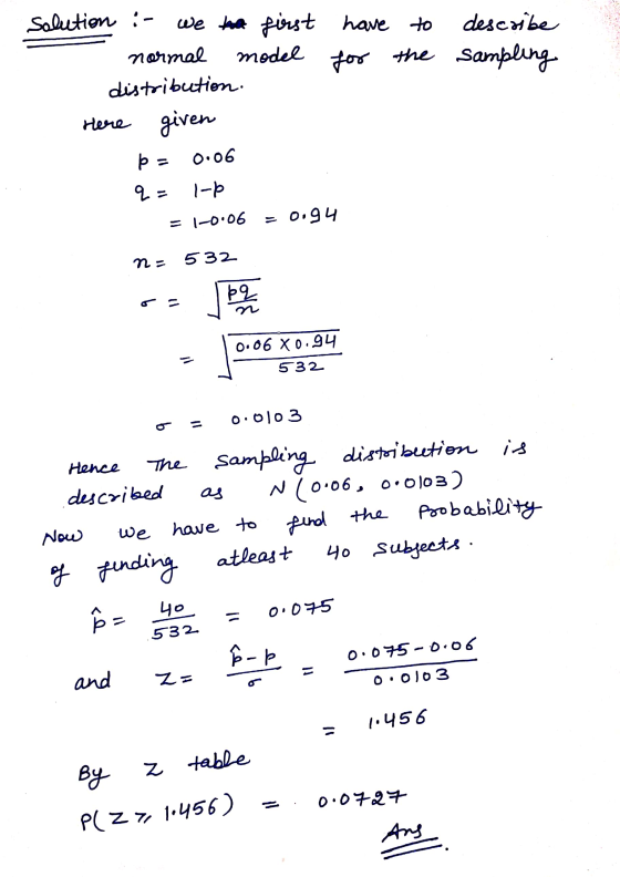 model for solution :- We the first have to describe normal for the sampling distribution. Here given ba 0.06 q= 1-P 0.94 = 1-