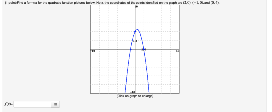 (1 point) Find a formula for the quadratic function pictured below. Note, the coordinates of the points identified on the gra