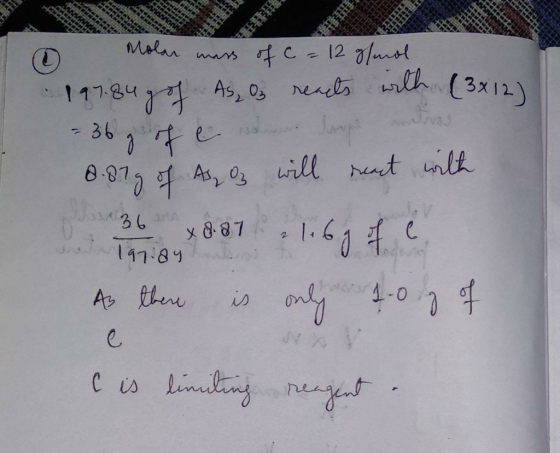L o Molar mass of C = 12 ghanol 197.84g of As, Os reacts with (3x12) - 36 g of e solare la 8.879 of As Oz will react with 36
