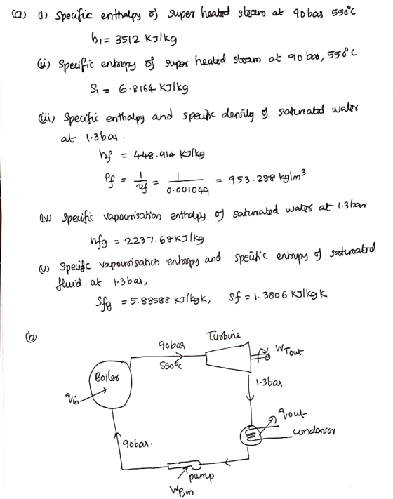 ca) do specific enthalpy of super heated steam at ao bas 550°C hi= 3512 KJ/kg (i) Specific entropy of supor heated steam at a
