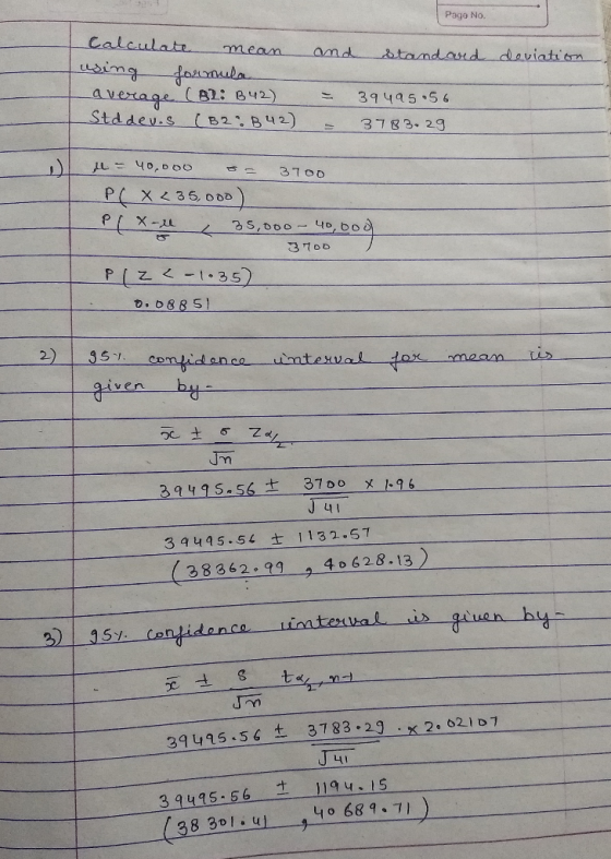 Pago No. and standard deviation Calculate mean using formula average (B2: 842) Staden.s (B2B42) 3949556 3783.29 ll = 40.000 =