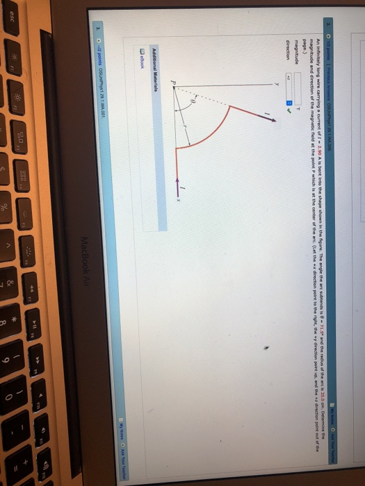 and directlon of the magnetic fleld at the point P which is at the center of the are. (et the +x direction peint to the right