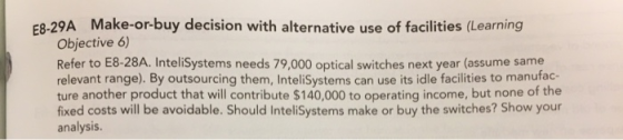E8-29A Make-or-buy decision with alternative use of facilities (Learning Objective 6) Refer to E8-28A. InteliSystems needs 79