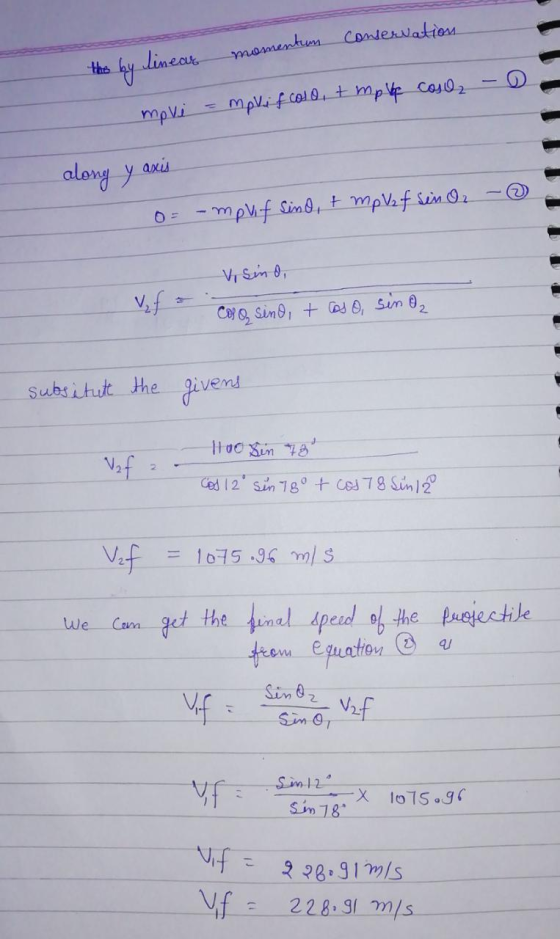 conservation momentum the by linear - movi - mpvif colo, t move cash along y axis o= - mpvif sind, t mp₃ f sin Or - V sind, c