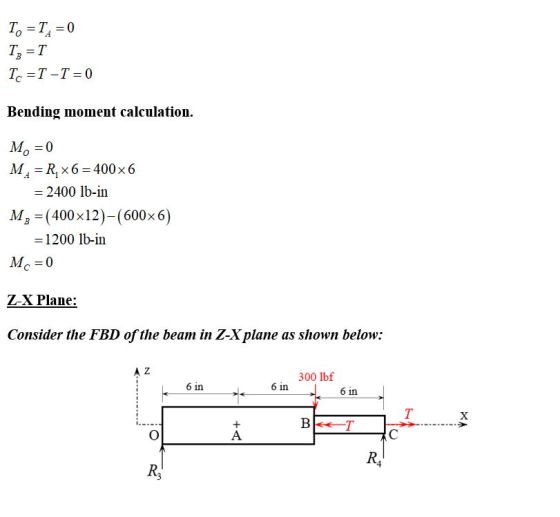 To =TA = 0 Tg = 1 Tc =T-T=0 Bending moment calculation. = Mo = 0 MA= R,x6=400x6 = 2400 lb-in M = (400x12)-(600x6) = 1200 lb-i