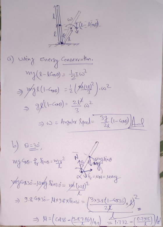 Ellano) l 2 a) using energy conservation mill-econo) - 110 yage (1-6oo) = { (ghra ). 5 981-690) = 24 =) W = Angular Rpeed= 3(