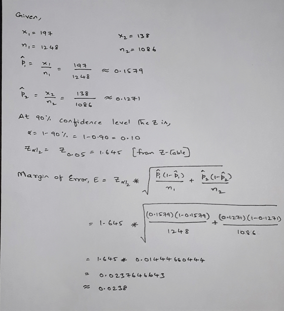 Giver, x = 197 X2 = 138 ni= 1248 n₂ = 1086 197 xls 0.1579 1248 = 138 Els 0.1271 1086 At 90% confidence level the Zis, as I-90