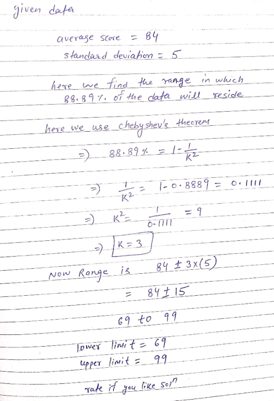 given dafer average score = 84 standard deviation - 5 here we find the range in which 88.89% of the data will reside ----- --