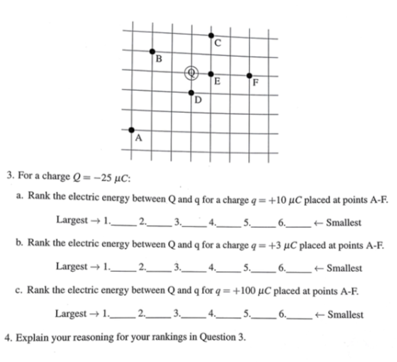 3. For a charge -25 uC: a. Rank the electric energy between Q and q for cre+10 uC placed at points A-F. b. Rank the electric energy between Q and q for a charge q +3 uC placed at points A-F. Largest-1._ Smallest c. Rank the electric energy between Q and q for q +100 uC placed at points A-F Largest → 1. 2. _s._ 6· ← Smallest 4. Explain your reasoning for your rankings in Question 3.