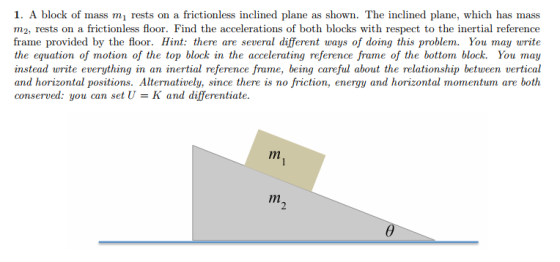 1. A block of mass m rests on a frictionless inclined plane as shown. The inclined plane, which has mass m2, rests on a frictionless floor. Find the accelerations of both blocks with respect to the inertial reference frame provided by the floor. Hint: there are several different ways of doing this problem. You may write the equation of motion of the top block in the accelerating reference frame of the bottom block. You ma,y instead write everything in an inertial reference frame, being careful about the relationship between vertical and horizontal positions. Alternatively, since there is no friction, energy and horizontal momentum are botih conserved: you can set UK and differentiate