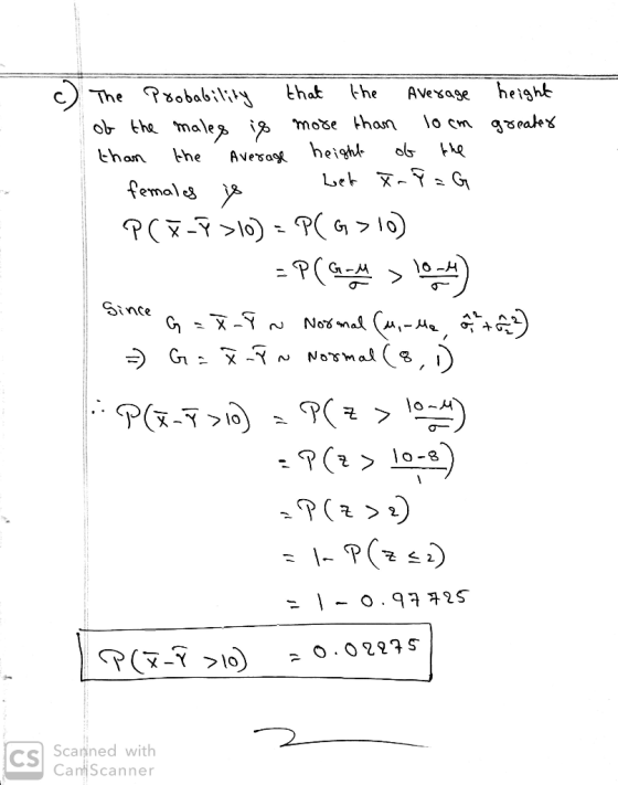 c) The Probability that the average height of the males is more than 10cm greater than the Average height of the females is L