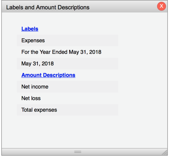 X Labels and Amount Descriptions Labels Expenses For the Year Ended May 31, 2018 May 31, 2018 Amount Descriptions Net income