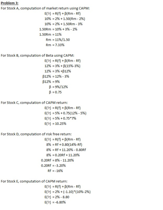 Problem 3: For Stock A, computation of market return using CAPM: E(r) = R(f) +B(Rm - Rf) 10% = 2% +1.50(Rm - 2%) 10% = 2% +1