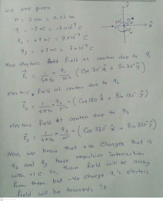 330 30 9. in 30-9). TIT (Cos 30 sê field at center due to a but – Ve Charge 9s electric are given 3cm - 0.03 m 9, = -7 nC =