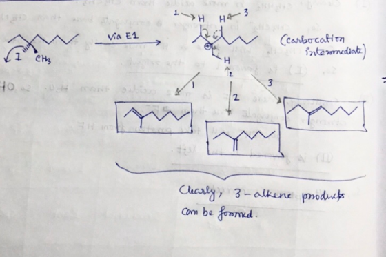 > H H 3 Via E1 XV (carbocation intermediate) Clearly, 3-alkene products com be formed.