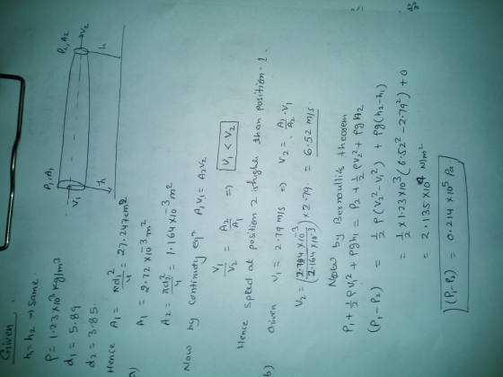 Glive h-h2 Same di- 5.89 d2= 3,85. Hence Ai27.247cm 3 3 Hence Sptid at pesitien 2 isthan positien- 1 b) aívenui = 2,74 Noby B