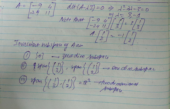 A = 19.47 du CA-AT) = 0 7 -320 Note that (9 477.3117 -24 11 =) de 3-1 Invariant subspace o Aau so - zewodim subspate O espany