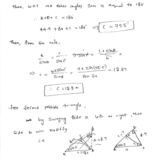 then, W.KT an three three ongles sum is equal to 180 :: A+B+ c = 180 1 => с 44.5 + 60 t = = 180° 75.5 then, from sin rule, cx