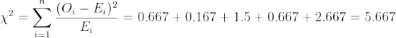 \chi^2 = \sum_{i=1}^n \frac{(O_i-E_i)^2}{E_i} = 0.667+0.167+1.5+0.667+2.667 = 5.667