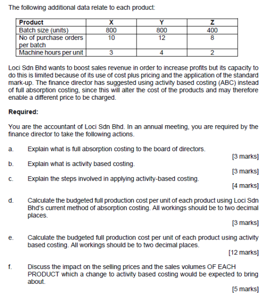 The following additional data relate to each product: 800 Product Batch size (units) No of purchase orders per batch Machine